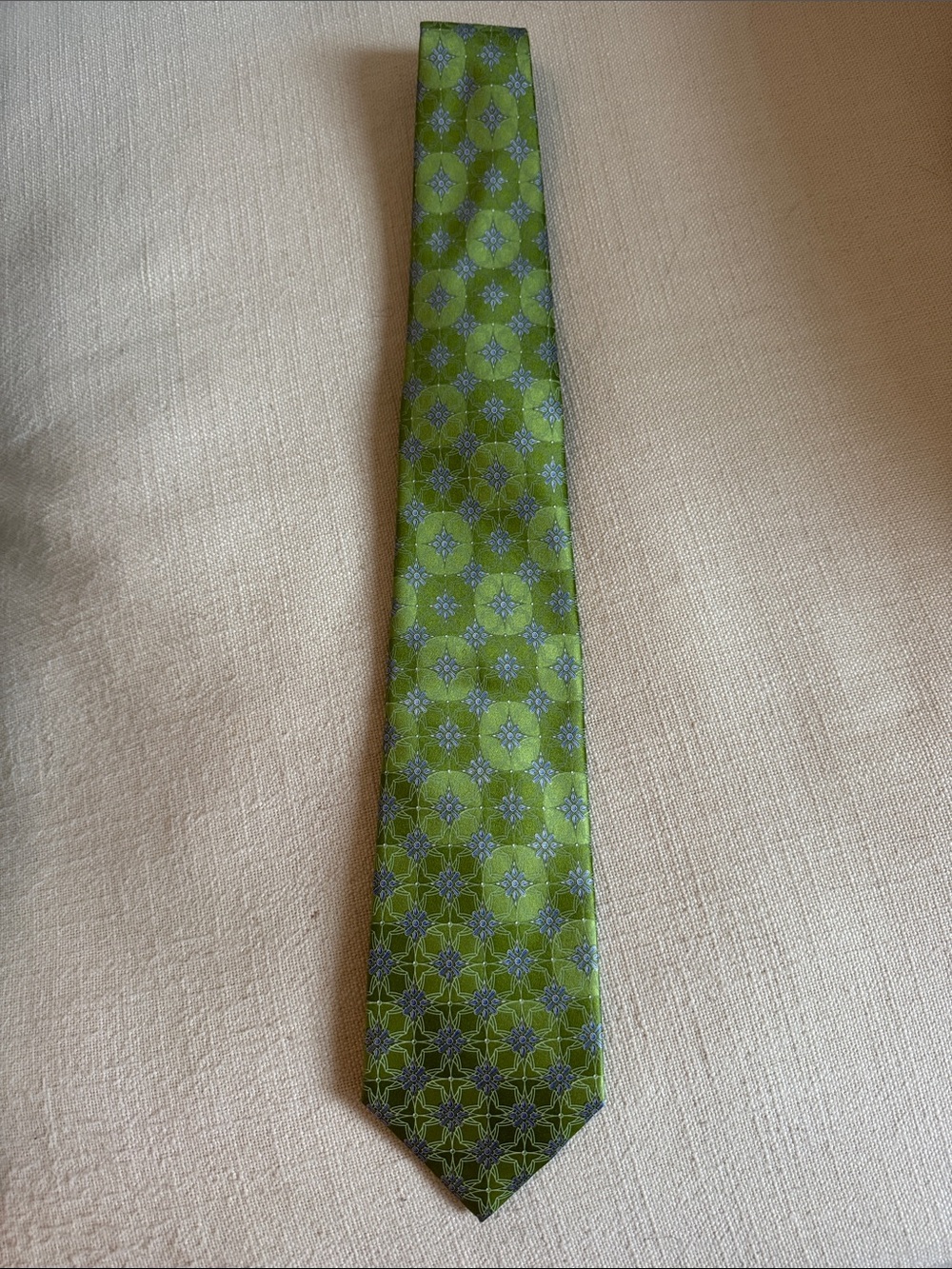 Faberge Green Geometric Silk Tie with Blue Accents